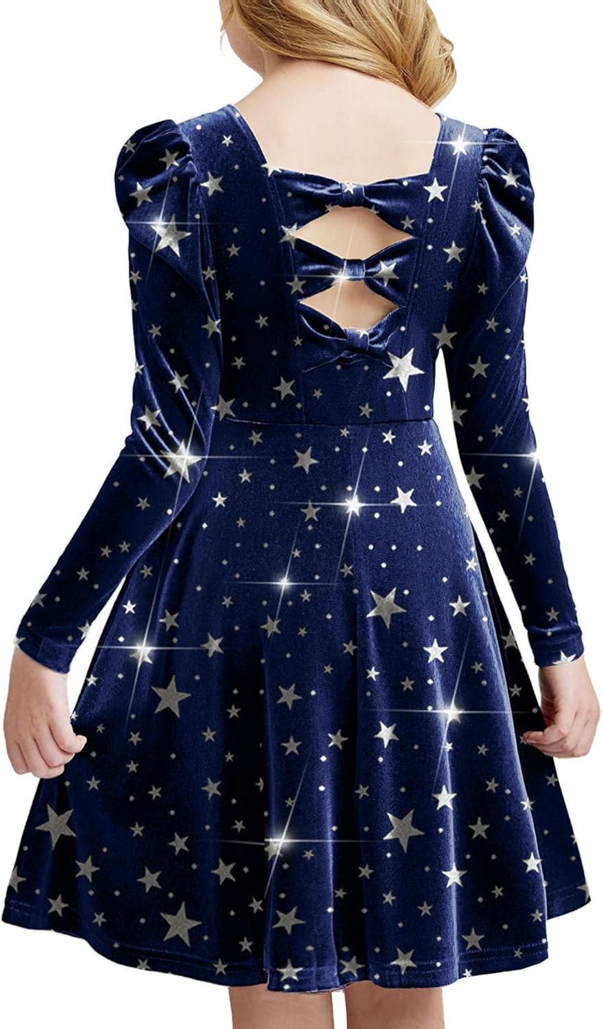 Arshiner Girls Long Sleeve Dress Velvet Crew Neck Bow Back Holiday Party Dresses with Pockets