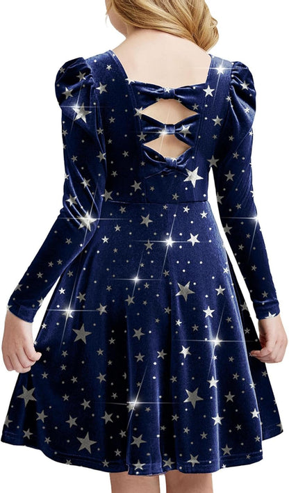 Arshiner Girls Long Sleeve Dress Velvet Crew Neck Bow Back Holiday Party Dresses with Pockets