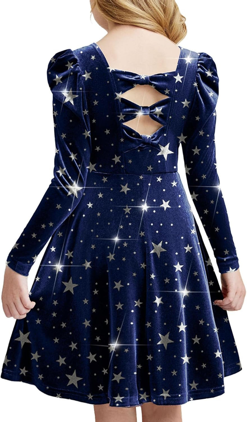 Arshiner Girls Long Sleeve Dress Velvet Crew Neck Bow Back Holiday Party Dresses with Pockets
