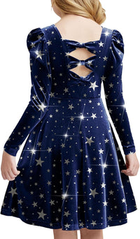 Arshiner Girls Long Sleeve Dress Velvet Crew Neck Bow Back Holiday Party Dresses with Pockets