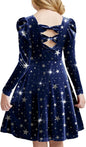 Arshiner Girls Long Sleeve Dress Velvet Crew Neck Bow Back Holiday Party Dresses with Pockets