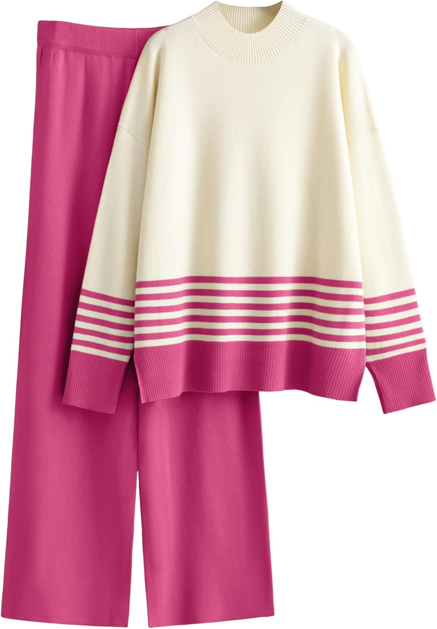 Tanming Women's Lounge Sets 2 Piece Outfits Knitted Pullover Sweater Tops Wide Leg Pants Tracksuit