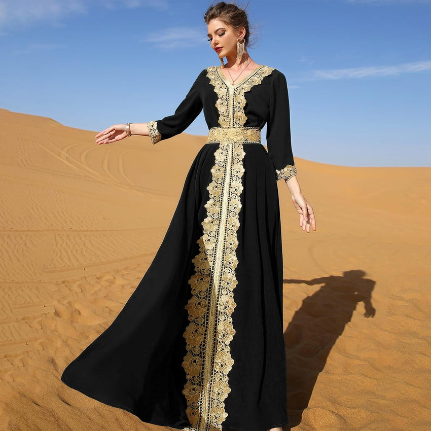 IDOPIP Embroidery Abayas for Women Muslim Moroccan Floral Maxi Kaftan Dress Arabic Islamic Dubai Robe Ramadan Prayer Clothes