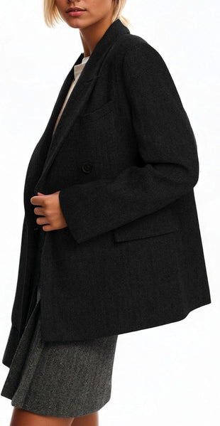 Mina Self 2025 Fall Women's Oversized Wool Blazer Coat Double-Breasted Herringbone Suit Jackets Casual Outerwear with Pocket