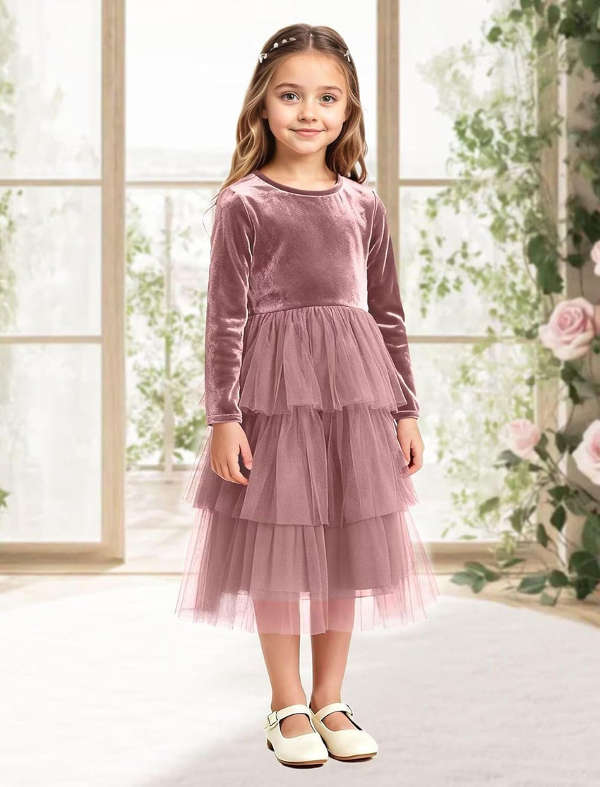 Christmas Dress Girls Velvet Tulle Puffy Long Sleeve Formal Party Dresses Princess Birthday Wedding Guest Dress