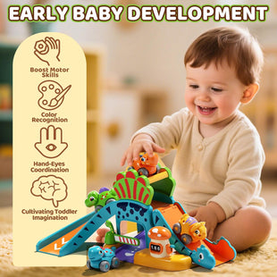 Lehoo Castle Toys for 1 Year Old Boys, Dinosaur Slide with 4 Mini Push Cars for Baby 12-18 Months, Infant Play Vehicle Set, Educational Learning First 1st Birthday Gifts for Kids, Girls, Toddlers 1-3