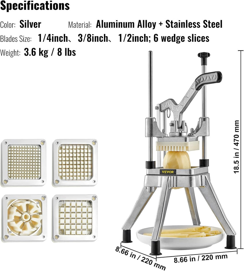 VEVOR Commercial Vegetable Chopper w/ 4 Replacement Blades, Stainless Steel French Fry Cutter Potato Dicer & Fruit Slicer for Restaurants & Home Kitchen