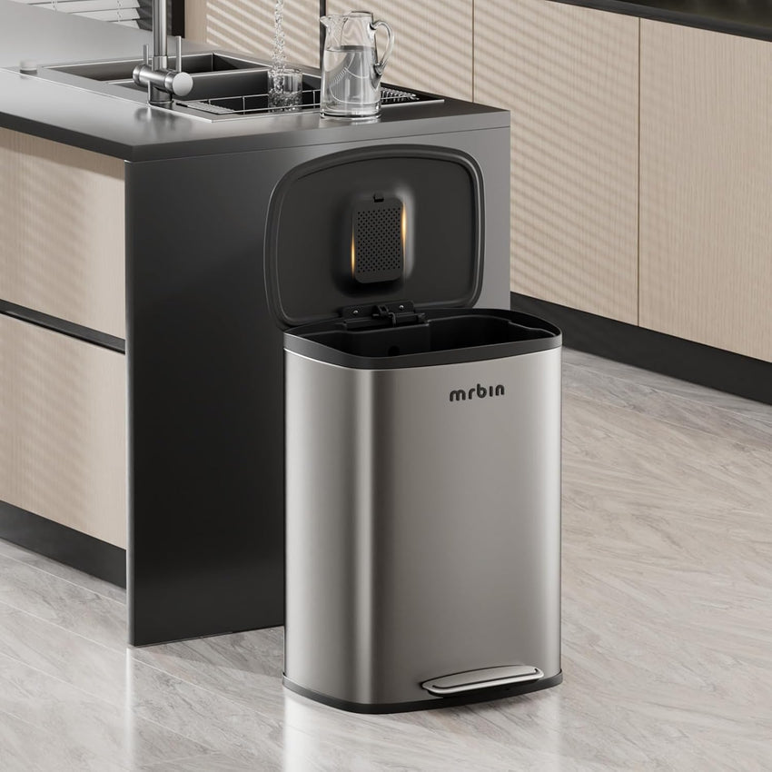 MRBIN Stainless Steel Kitchen Trash Can with Lid and Odor Filter, 13gal / 50L Step Tall Kitchen Pedal Garbage Pail, Commercial Large Rectangle Office Waste Basket for Bathroom, Garage, Eclipse Grey