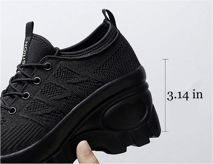 Women's Chunky Platform Comfort Orthopedic Wedge Walking Shoes Fashion Knitted Breathable Lace Up Lug Sole Casual Non-Slip Running Shoes with Arch Support