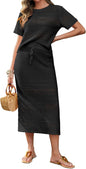 Tankaneo Womens Crochet Cover Up 2 Piece Skirt Sets Short Sleeve Knit Top Midi Skirt Vacation Travel Outfits