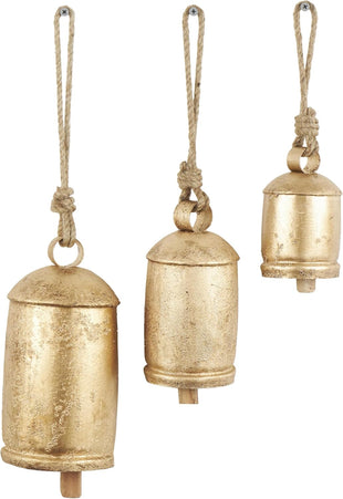 Deco 79 Gold Metal Tibetan Inspired Decorative Giant XL Cow Bells with Jute Hanging Rope, Set of 3 10",8",6"H - Cylindrical