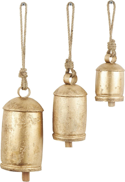 Deco 79 Gold Metal Tibetan Inspired Decorative Giant XL Cow Bells with Jute Hanging Rope, Set of 3 10",8",6"H - Cylindrical