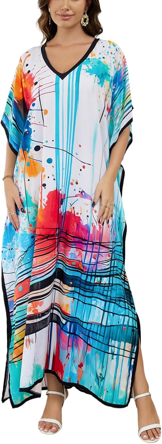 Women's Plus Size Loose Fit Moroccan Print V-Neck Batwing Kaftan Beach Dress Bathing Suit Cover Up