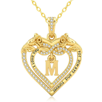 Uncle LOL Jewelry — 14K Gold Initial Letter Rose Heart Pendant Necklace for Women, Anniversary Birthday Jewelry Gifts for Wife Mom Grandma Sister Daughter, I Love You for Always And Forever