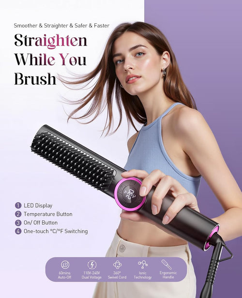 Hair Straightener Brush: 3-in-1 Curling & Straightening Comb with Dual Voltage, Hot Comb with Ionic Coating, Black