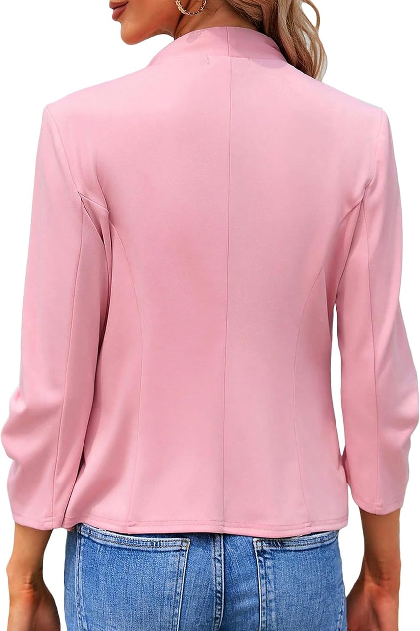 Mina Self 2025 Fall Women's 3/4 Ruched Sleeve Blazer - Cropped Open Front Collarless Casual Light Office Work Jacket Cardigan
