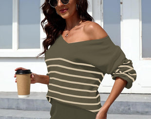 ETCYY NEW Womens 2 Piece Outfits Sweater Lounge Set Casual V Neck Knit Pajama Set Long Sleeve Top Wide Leg Pants Loungewear