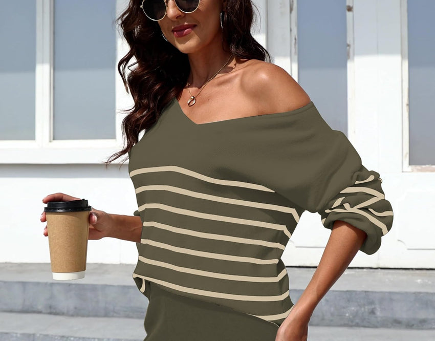 ETCYY NEW Womens 2 Piece Outfits Sweater Lounge Set Casual V Neck Knit Pajama Set Long Sleeve Top Wide Leg Pants Loungewear