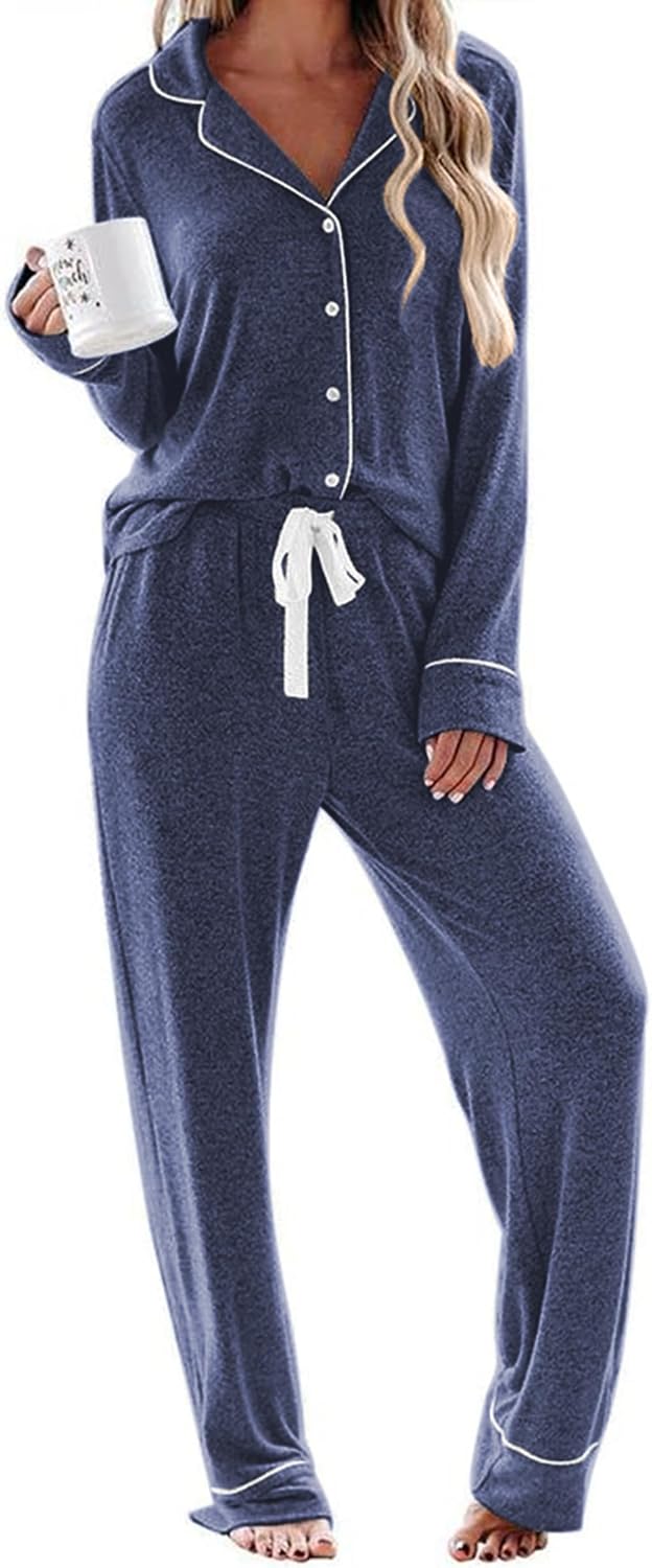 Ekouaer Women's Pajamas Long Sleeve Sleepwear Casual Button Down Loungewear Soft Pjs Set S-XXL