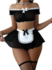 Sexy Stockings Mini Skirt Mesh Sheer Lace Halloween Costume Maid Outfit Lingerie with Thong Set 4 Piece