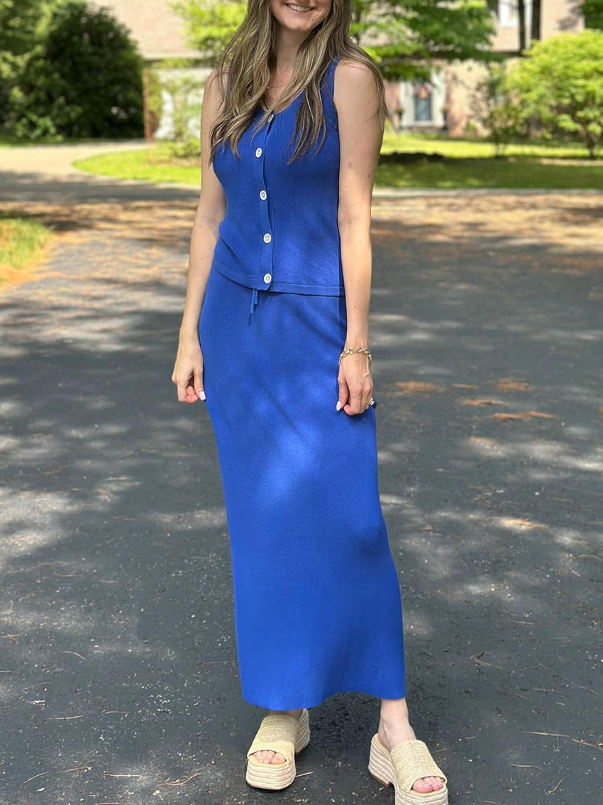 Arach&Cloz Women's Lightweight 2 Piece Sets Summer Vacation Button Top and Maxi Skirt Outfits 2025