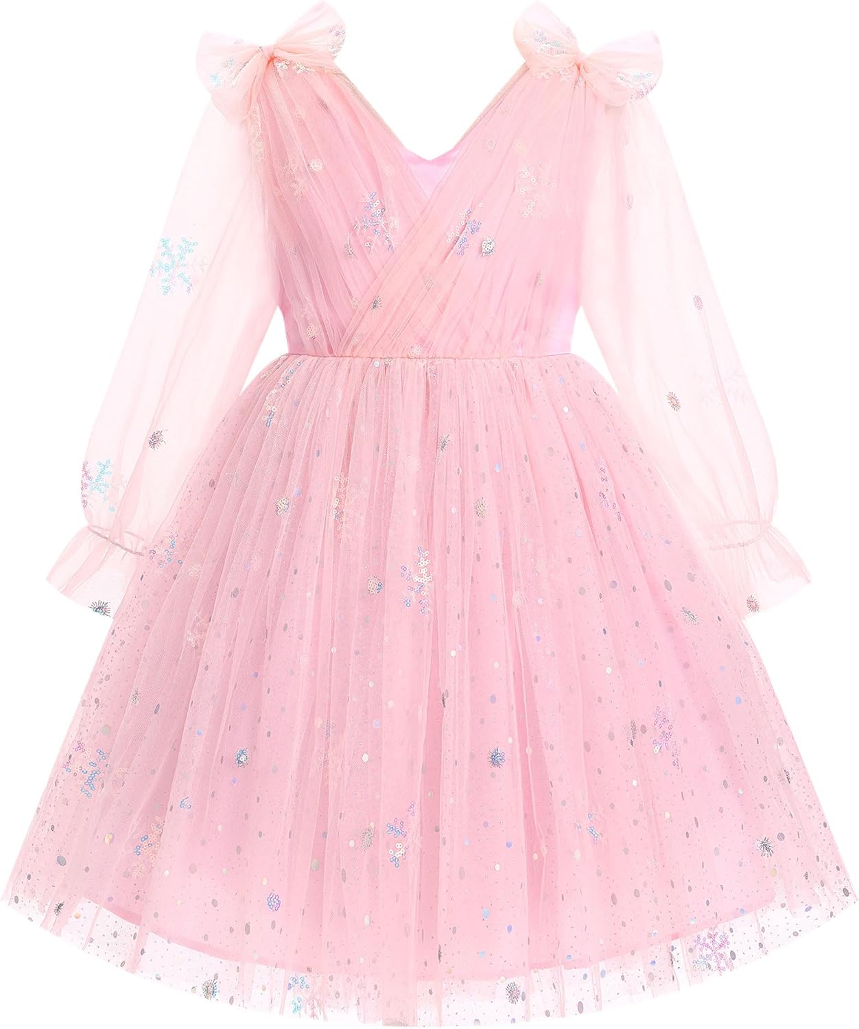 IMEKIS Toddler Kids Girls Tulle Dress Floral Embroidery Sparkly Wedding Party Long Sleeve Fall Photo Shoot Outfit 2-8T