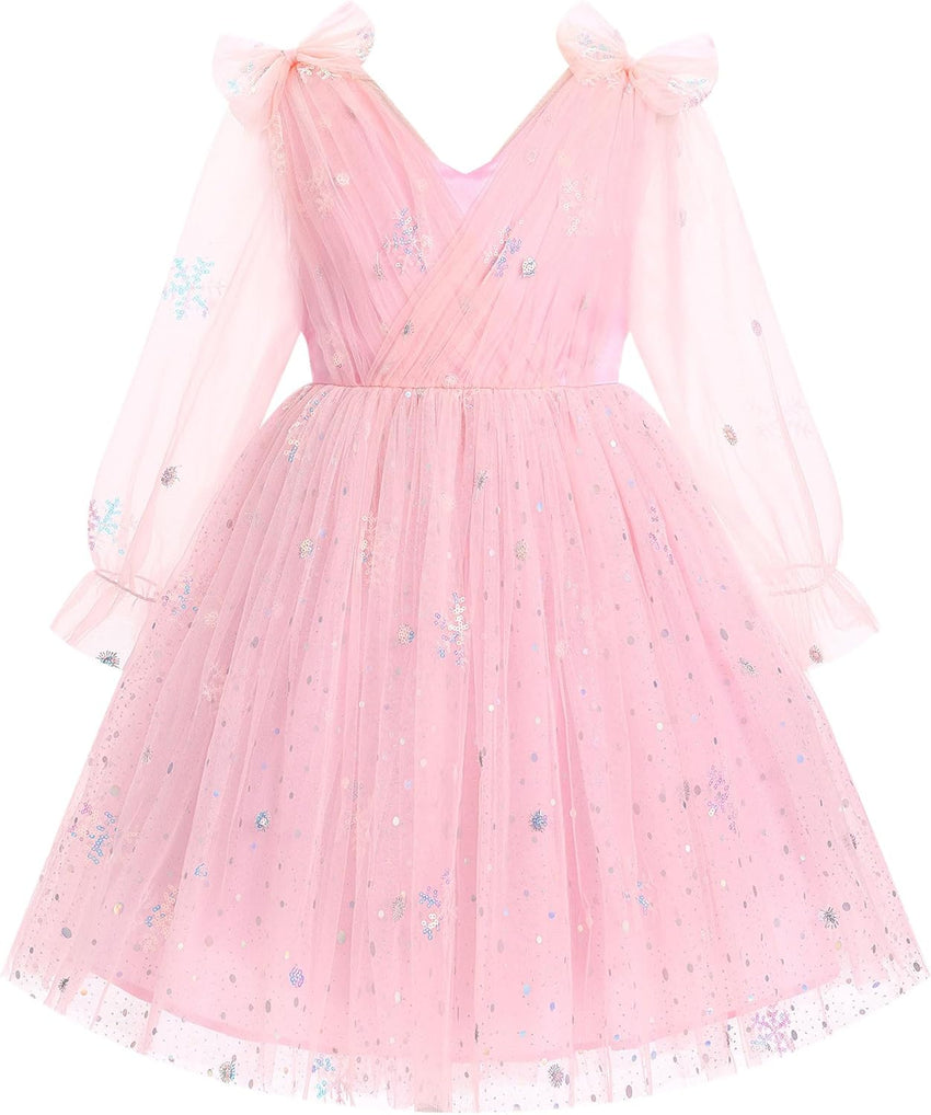 IMEKIS Toddler Kids Girls Tulle Dress Floral Embroidery Sparkly Wedding Party Long Sleeve Fall Photo Shoot Outfit 2-8T