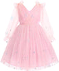IMEKIS Toddler Kids Girls Tulle Dress Floral Embroidery Sparkly Wedding Party Long Sleeve Fall Photo Shoot Outfit 2-8T