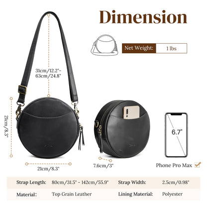 S-ZONE Leather Crossbody Bags for Women Circle Shoulder Round Purse Travel | Top Grain Leather, Keychain, Designer Handbag, Vintage, Multi Pockets, Detachable Strap, Eveyday Outing