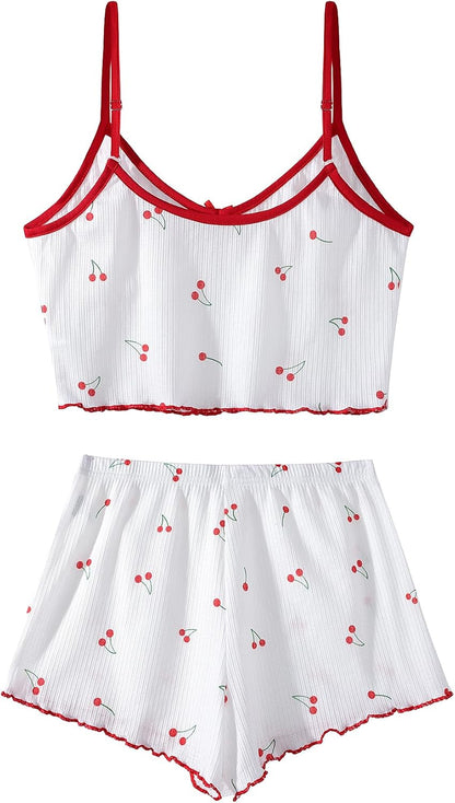 Hilinker Womens Graphic Print Ribbed PJ Set Crop Cami Tops and Shorts Cute Pajamas Set