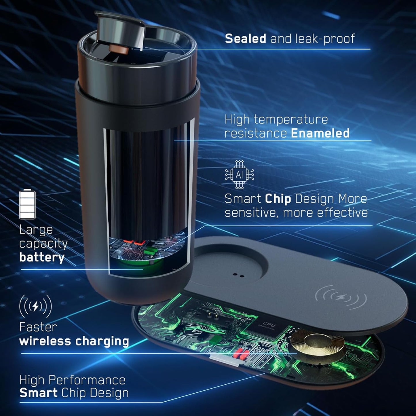Temperature Control Heated Coffee Mug Smart Self Heating Travel Mug 12 Oz App Controlled Warmer Mug 4-10 Hour LED Display Keep Coffee Hot All Day Fast Wireless Charger Base Dull Black