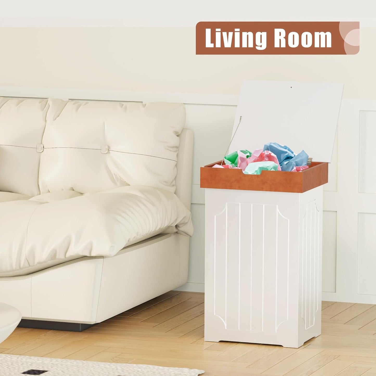 Function Home Trash Can Cabinet, 13 Gallon Kitchen Garbage Can, Wooden Recycling Trash Bin, Dog Proof Trash Can, Trash Cabinet with Lid for Home Kitchen Bathroom, White