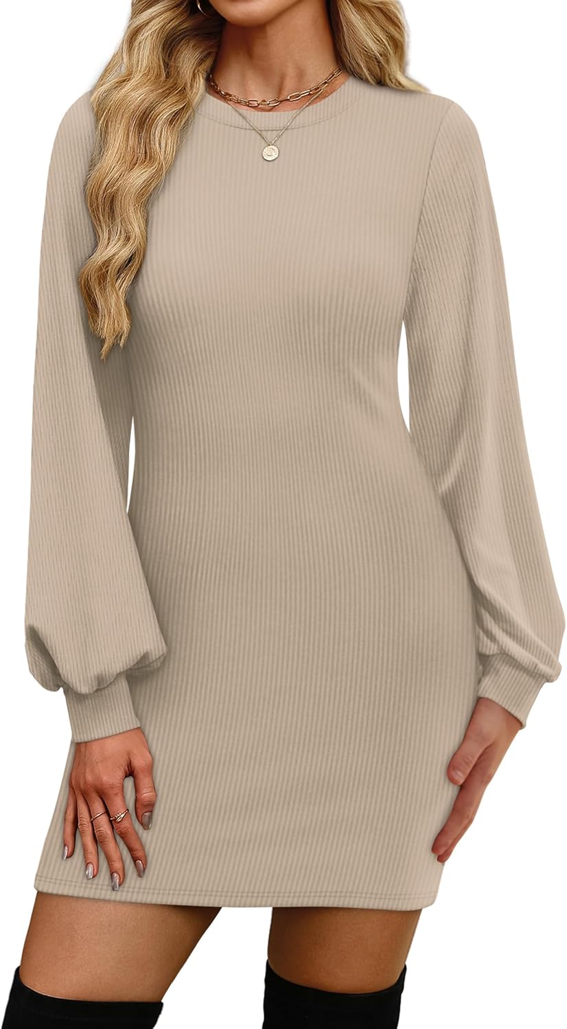 OFEEFAN Sweater Dresses for Women 2025 Fall Winter Puff Long Sleeve Crewneck Bodycon Fleece Ribbed Pullover Fashion Clothing