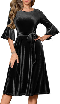 HomRain Women's Long Sleeve Velvet Midi Dresses for Wedding Guest Church Formal Winter Christmas Cocktail Party