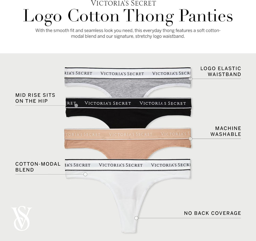Victoria's Secret Women's Cotton Logo Thong Underwear, Panties for Women, Multi Pack (XS-XXL)