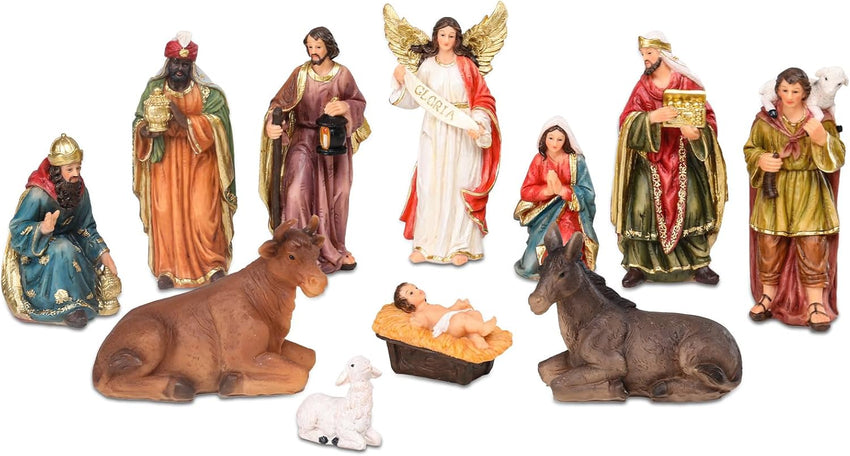 Bshine Nativity Scene Set Christmas Decor, Wooden Stable with LED Lights 12.4x9.05 Holy Family with Manger Baby Jesus Figurine, Nativity Scene Indoor Decor Home Desktop Collectible Ornaments