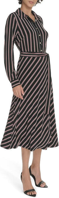 Tommy Hilfiger Women's Long Sleeve Collared Self Tie Midi Shirtdress