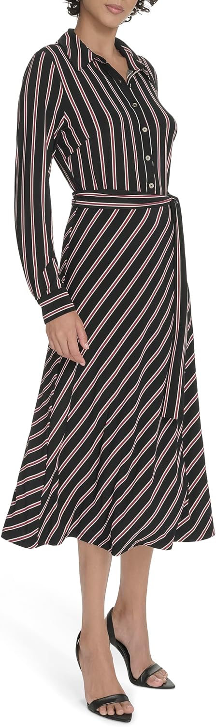 Tommy Hilfiger Women's Long Sleeve Collared Self Tie Midi Shirtdress