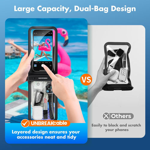 UNBREAKcable IPX8 Waterproof Phone Pouch 2-Pack, Double Space Waterproof Phone Case for iPhone 15 16 Pro Max up to 7", Cellphone Dry Bag with Lanyard for Vacation Beach Kayak Cruise Travel Essentials