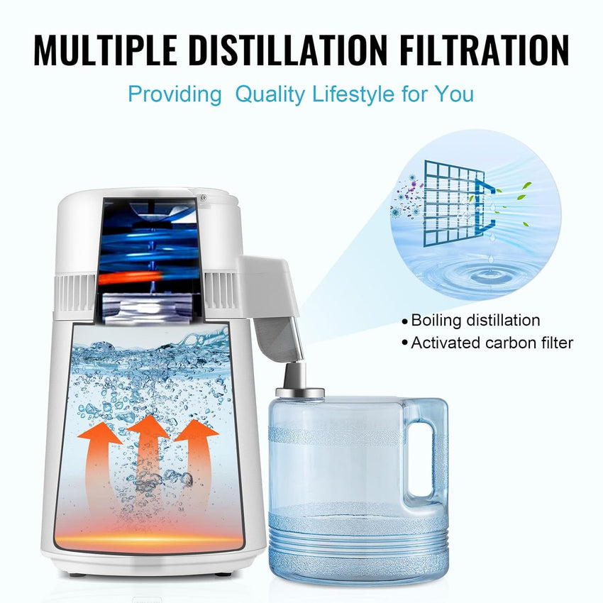 VEVOR Water Distiller, 1.1 Gal Distilled Water Machine, 750W Pure Water Distilling w/BPA Free Plastic Container, Water Distillation Kit w/Button, Countertop Distilled Water Maker for Home, White