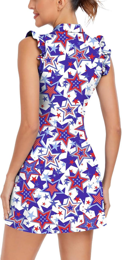 WOWENY Tennis Dress Polo Buttons Golf Dresses with Built in Shorts and Pockets Ruffle Sleeveless Athletic Workout Dress