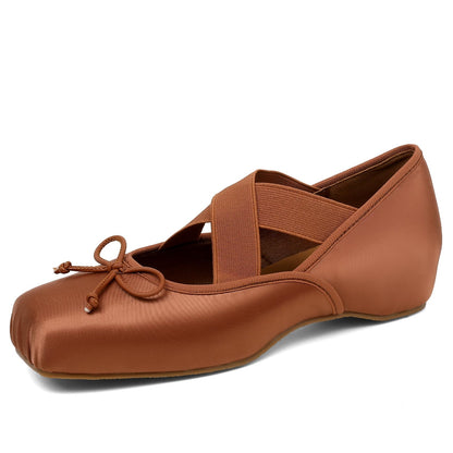 Women's Ballet Flats Square Toe Criss Cross Straps with Bow Low Wedge Shoes