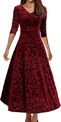 Women's Velvet Midi Dresses Floral Print Long Sleeve V Neck Formal Wedding Guest Fall Winter Dress