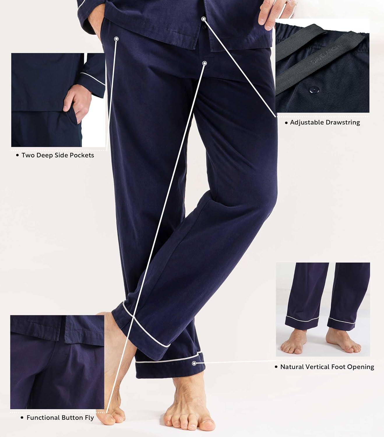 DAVID ARCHY Mens Pajamas Set Soft Cotton Notched Collar Pajamas for Men Long Sleeve Mens Sleepwear with Pockets & Front Fly