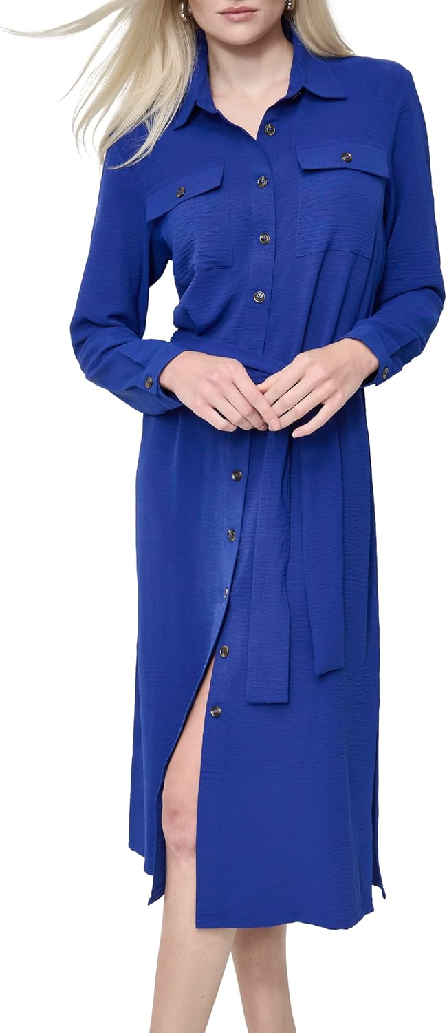 DKNY Womens Long Sleeve Collared Tie Midi Shirtdress