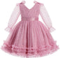 IMEKIS Toddler Kids Girls Tulle Dress Floral Embroidery Sparkly Wedding Party Long Sleeve Fall Photo Shoot Outfit 2-8T