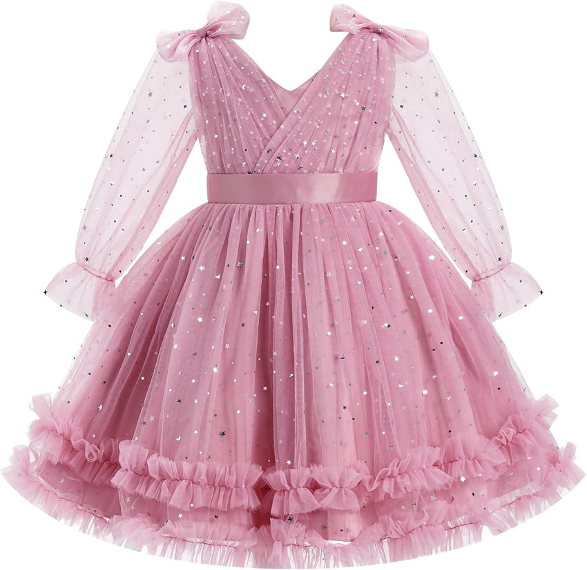 IMEKIS Toddler Kids Girls Tulle Dress Floral Embroidery Sparkly Wedding Party Long Sleeve Fall Photo Shoot Outfit 2-8T