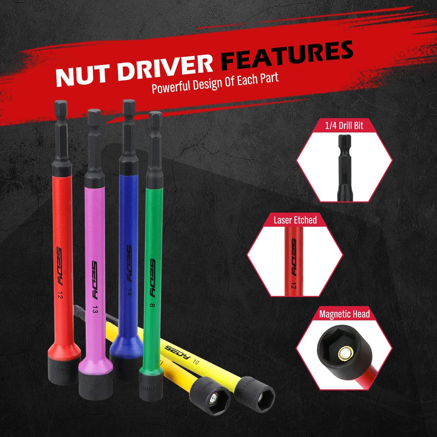 12-Piece Magnetic Nut Driver Set - Premium Impact Power Hex Nut Driver Drill Bit Master Kit, SAE & Metric, 1/4-Inch Quick-Change