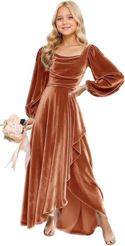 Long Sleeve Junior Bridesmaid Dresses Velvet Flower Girl Dress for Wedding Party Pageant Gown with Ruffle