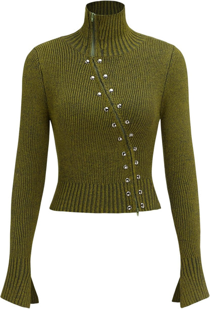 CIDER Zipper Cardigan Sweaters for Women Trendy Stand Collar Rivet Cardigans Split Long Sleeve Fall Winter